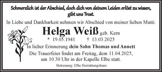 Traueranzeige von Helga Weiß von Volksstimme Magdeburg