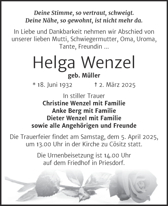 Traueranzeige von Helga Wenzel von Trauerkombi Köthen