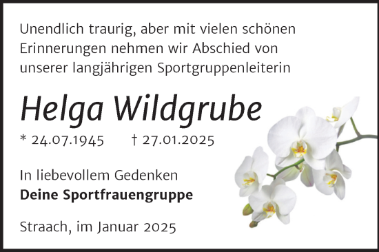 Traueranzeige von Helga Wildgrube von Trauerkombi Wittenberg
