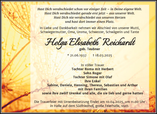 Traueranzeige von Helga Elisabeth Reichardt von Mitteldeutsche Zeitung Halle/Saalkreis