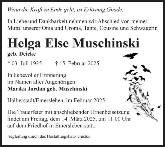 Traueranzeige von Helga Else Muschinski von Volksstimme Halberstadt