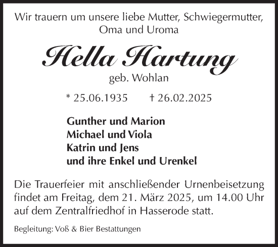 Traueranzeige von Hella Hartung von Volksstimme Magdeburg