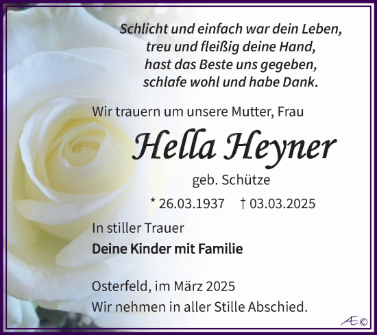 Traueranzeige von Hella Heyner von Trauerkombi Zeitz