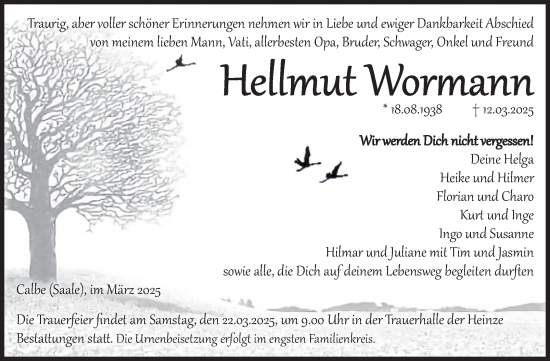 Traueranzeige von Hellmut Wormann von Volksstimme Schönebeck