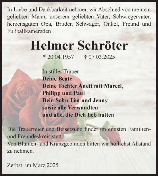 Traueranzeige von Helmer Schröter von Volksstimme Zerbst