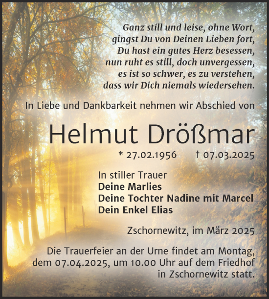 Traueranzeige von Helmut Drößmar von Trauerkombi Wittenberg