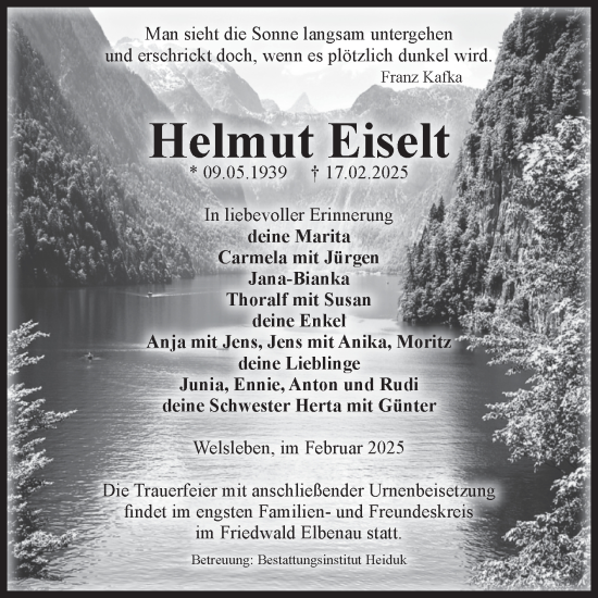 Traueranzeige von Helmut Eiselt von Volksstimme Schönebeck