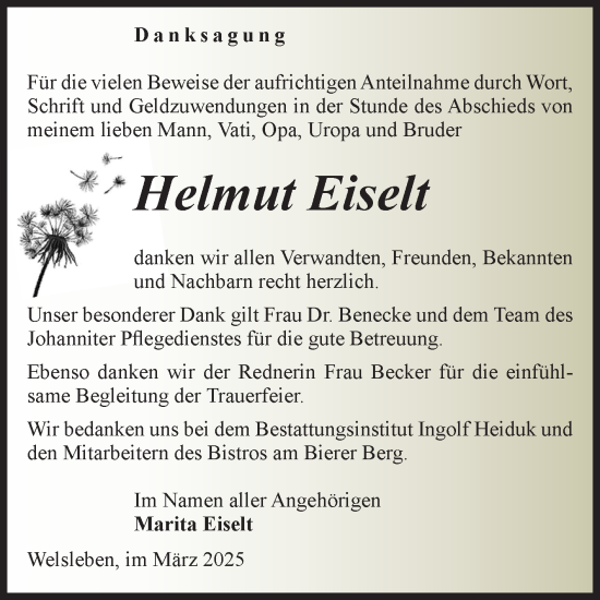 Traueranzeige von Helmut Eiselt von Volksstimme Schönebeck