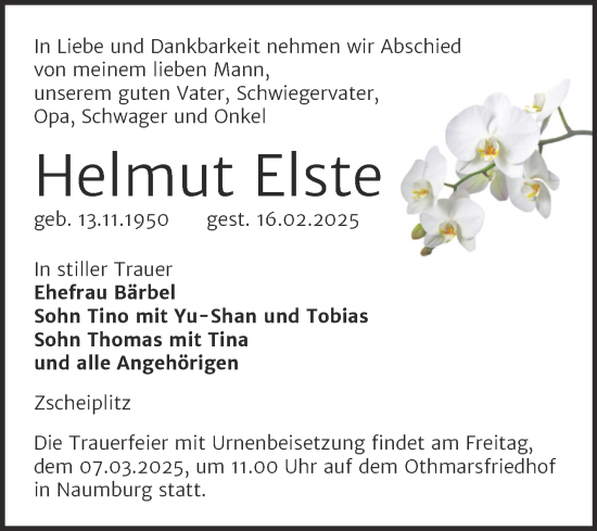 Traueranzeige von Helmut Elste von Super Sonntag Naumburg/Nebra
