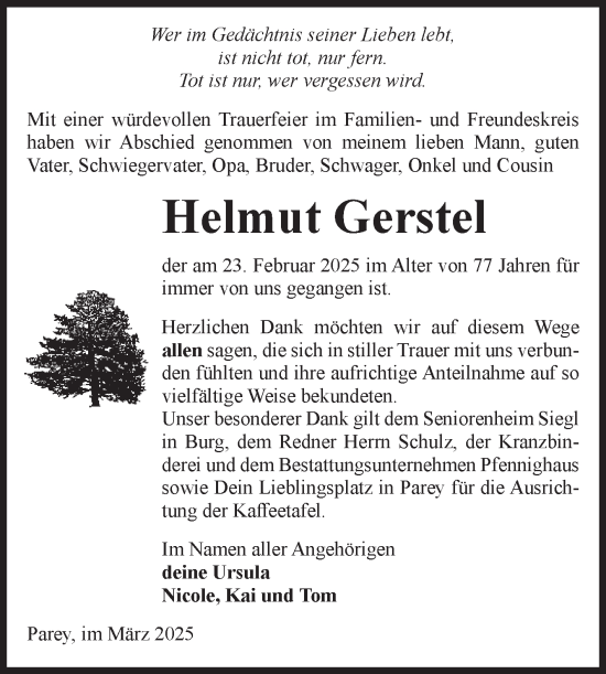Traueranzeige von Helmut Gerstel von Volksstimme Burg/Genthin