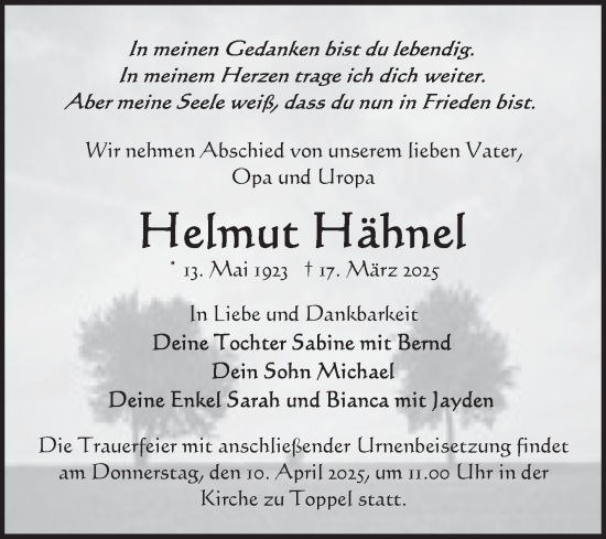Traueranzeige von Helmut Hähnel von Volksstimme Altmark Ost