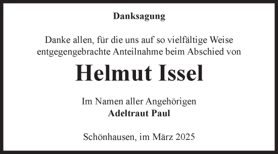 Traueranzeige von Helmut Issel von Volksstimme Altmark Ost