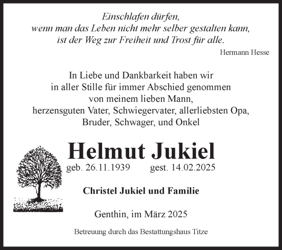 Traueranzeige von Helmut Jukiel von Volksstimme Burg/Genthin