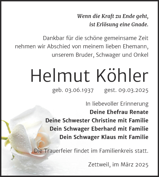 Traueranzeige von Helmut Köhler von Trauerkombi Zeitz