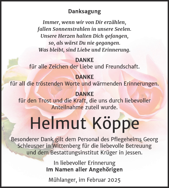 Traueranzeige von Helmut Köppe von Super Sonntag Wittenberg