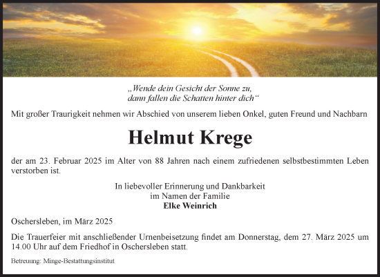 Traueranzeige von Helmut Krege von Volksstimme Oschersleben/Wanzleben