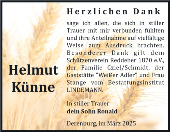 Traueranzeige von Helmut Künne von Volksstimme Wernigerode