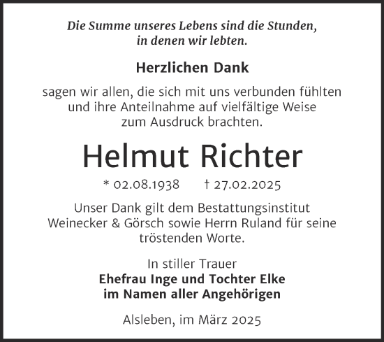 Traueranzeige von Helmut Richter von Trauerkombi Bernburg