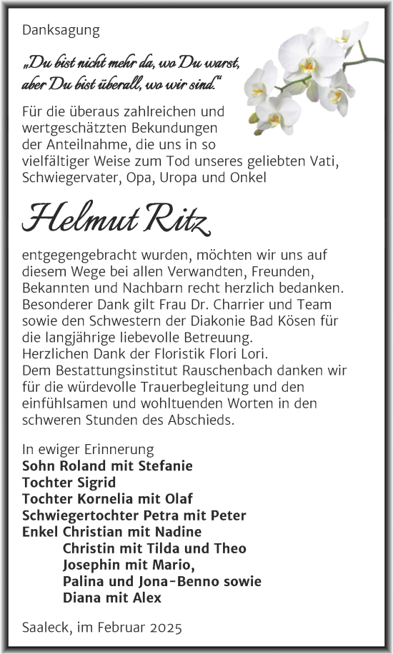 Traueranzeige von Helmut Ritz von Super Sonntag Naumburg/Nebra