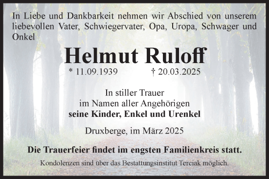 Traueranzeige von Helmut Ruloff von Volksstimme Oschersleben/Wanzleben