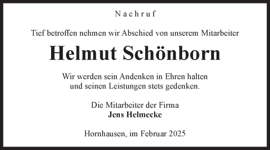 Traueranzeige von Helmut Schönborn von Volksstimme Oschersleben/Wanzleben