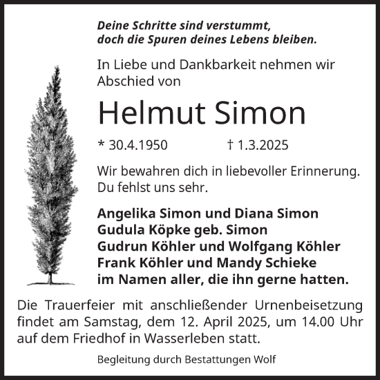 Traueranzeige von Helmut Simon von Volksstimme Wernigerode
