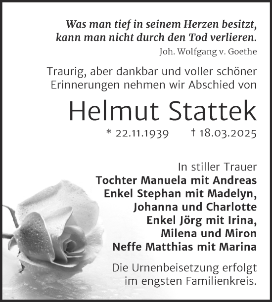 Traueranzeige von Helmut Stattek von Trauerkombi Bernburg