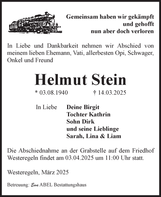 Traueranzeige von Helmut Stein von Volksstimme Staßfurt