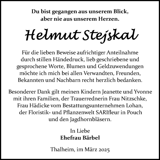 Traueranzeige von Helmut Stejskal von Trauerkombi Bitterfeld