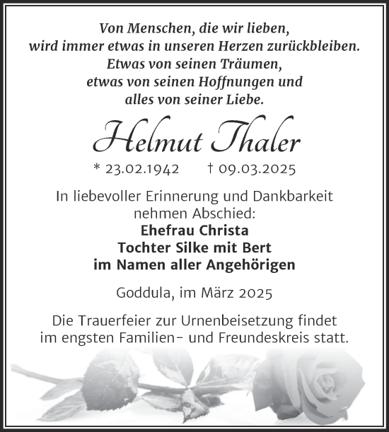 Traueranzeige von Helmut Thaler von Trauerkombi Merseburg