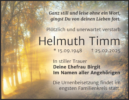 Traueranzeige von Helmuth Timm von Trauerkombi Bitterfeld