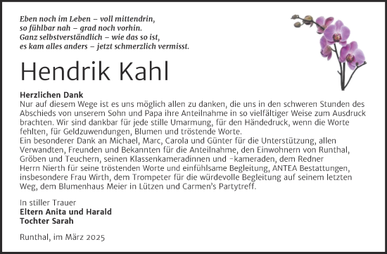 Traueranzeige von Hendrik Kahl von Trauerkombi Weißenfels