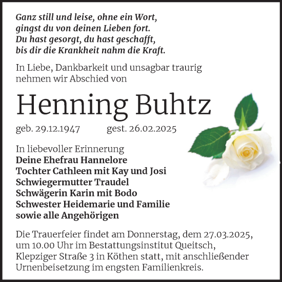 Traueranzeige von Henning Buhtz von Trauerkombi Köthen