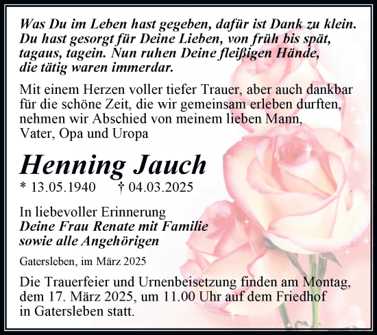 Traueranzeige von Henning Jauch von Trauerkombi Aschersleben