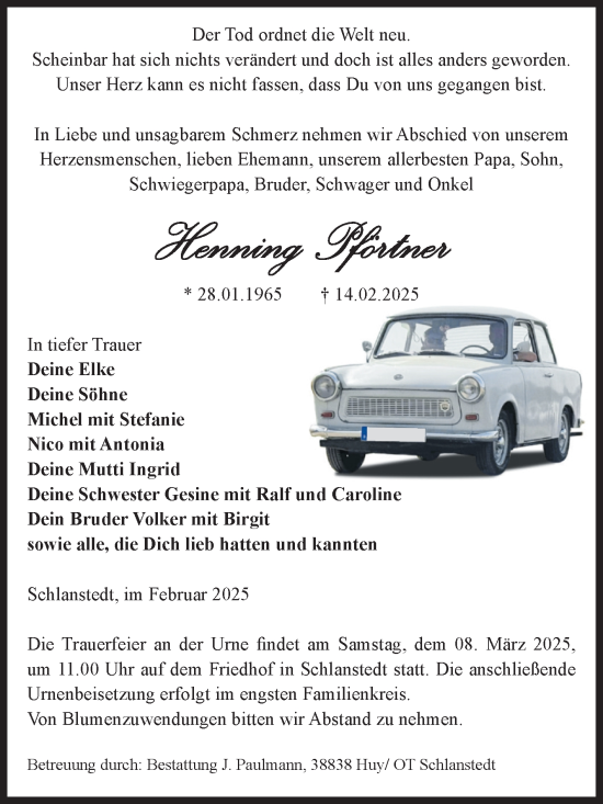 Traueranzeige von Henning Pförtner von Volksstimme Halberstadt