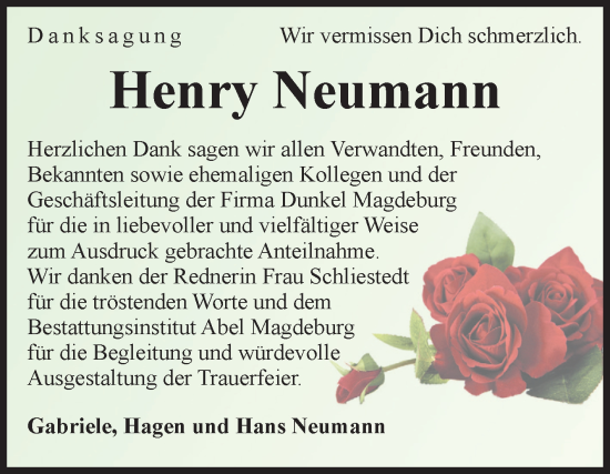 Traueranzeige von Henry Neumann von Volksstimme Magdeburg