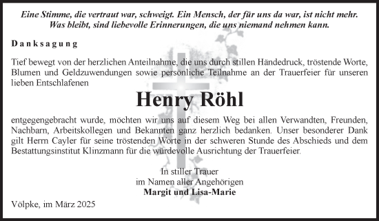 Traueranzeige von Henry Röhl von Volksstimme Oschersleben/Wanzleben