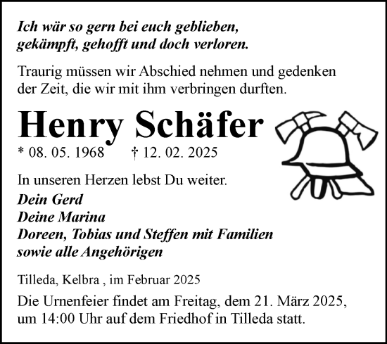 Traueranzeige von Henry Schäfer von Trauerkombi Sangerhausen