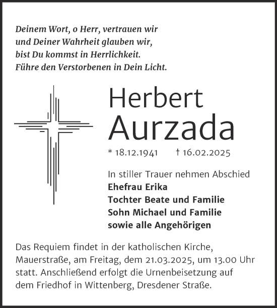 Traueranzeige von Herbert Aurzada von Trauerkombi Wittenberg