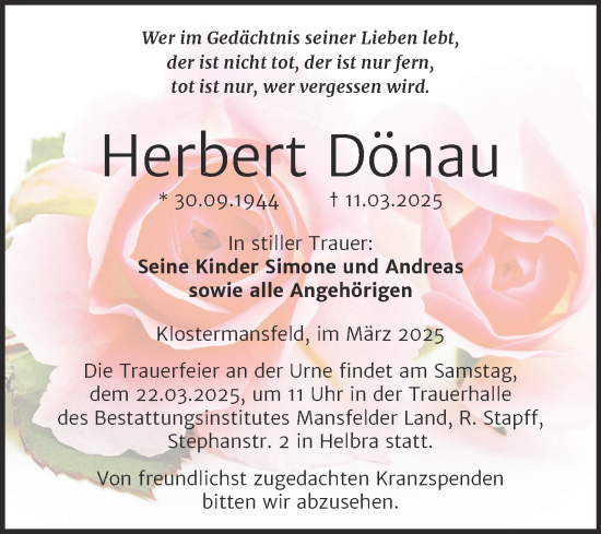 Traueranzeige von Herbert Dönau von Trauerkombi Mansfelder Land