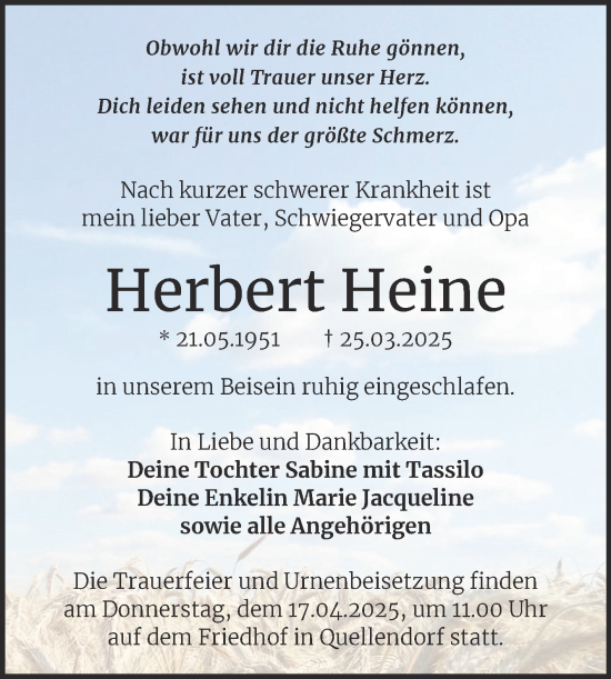 Traueranzeige von Herbert Heine von Trauerkombi Köthen