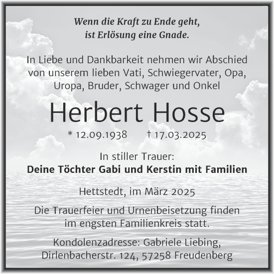 Traueranzeige von Herbert Hosse von Trauerkombi Mansfelder Land