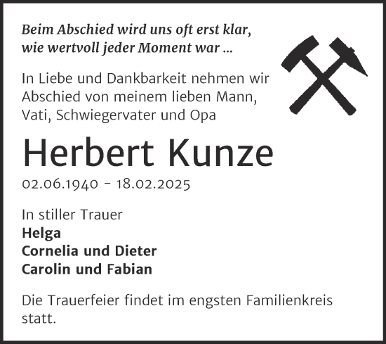 Traueranzeige von Herbert Kunze von Trauerkombi Sangerhausen