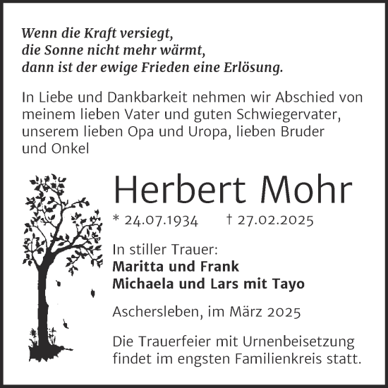 Traueranzeige von Herbert Mohr von Trauerkombi Aschersleben