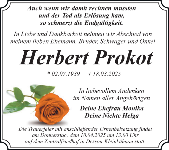 Traueranzeige von Herbert Prokot von Trauerkombi Dessau