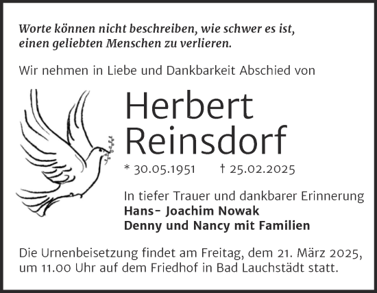 Traueranzeige von Herbert Reinsdorf von Trauerkombi Merseburg