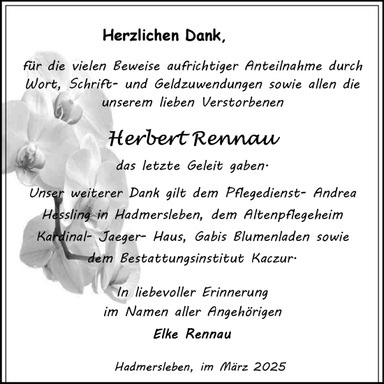 Traueranzeige von Herbert Rennau von Volksstimme Oschersleben/Wanzleben