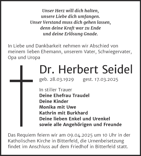 Traueranzeige von Herbert Seidel von Trauerkombi Bitterfeld