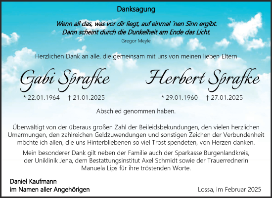Traueranzeige von Herbert und Gabi Sprafke von Super Sonntag Naumburg/Nebra