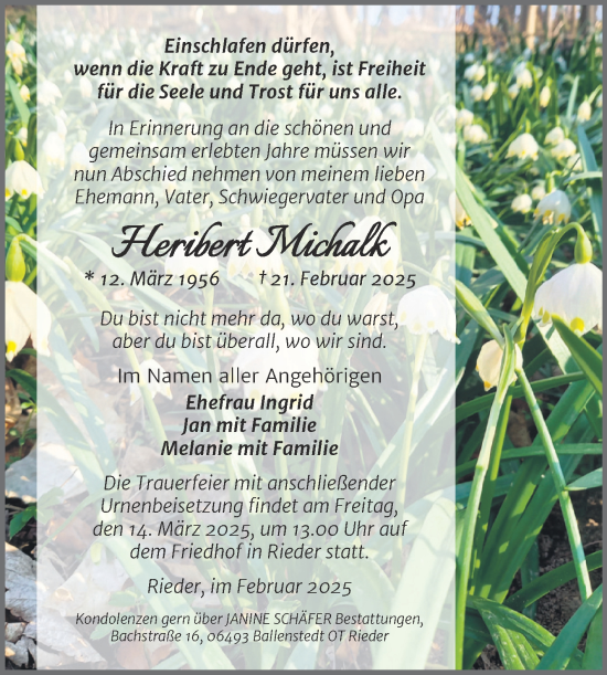 Traueranzeige von Heribert Michalk von Trauerkombi Quedlinburg